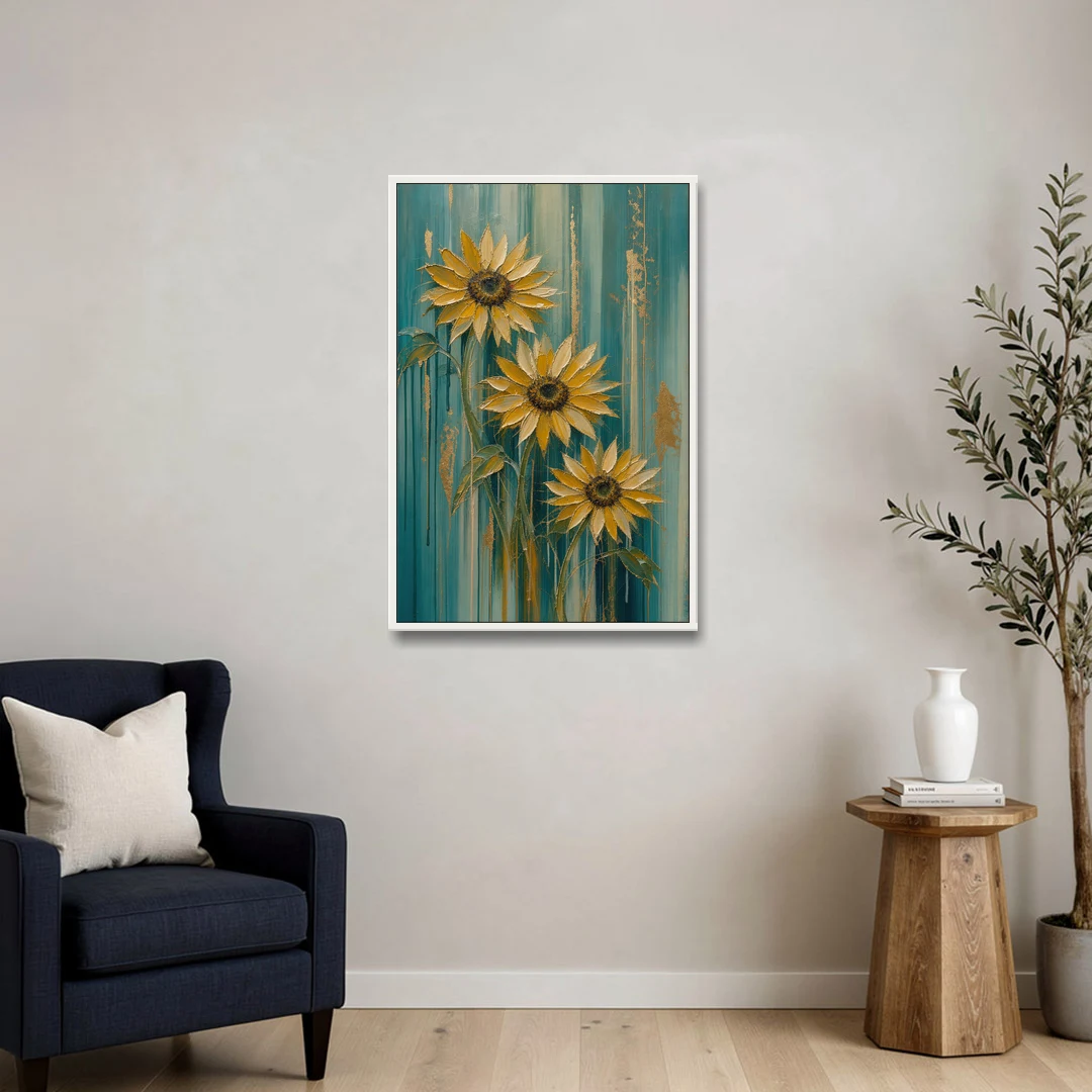 Textured Sunflower Painting in Teal and Gold - White Framed Canvas Wall Art - Sofa - 24x36