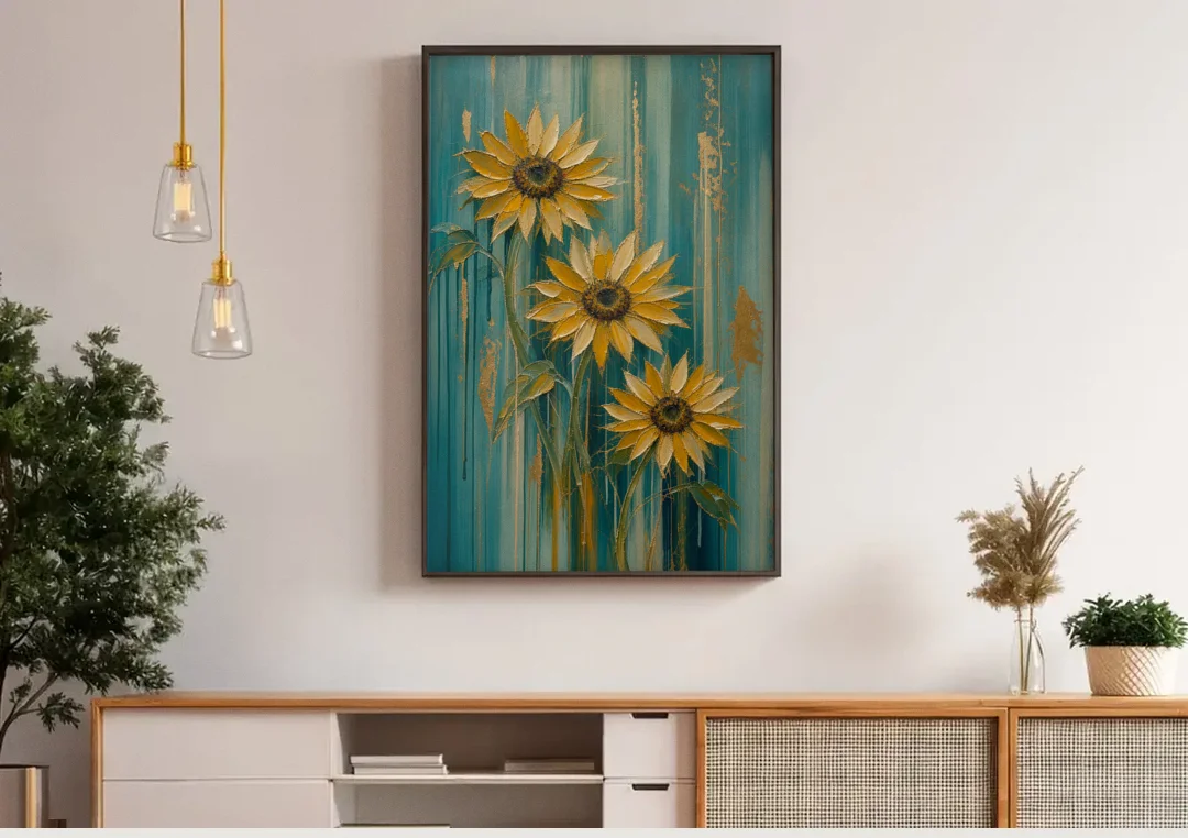 Textured Sunflower Painting in Teal and Gold canvas wall art above a wooden sideboard under pendant lights
