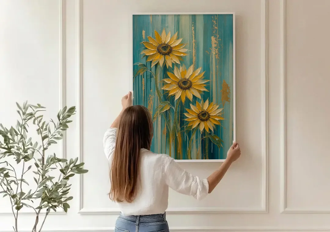 Textured Sunflower Painting in Teal and Gold canvas wall art being hung on a paneled wall