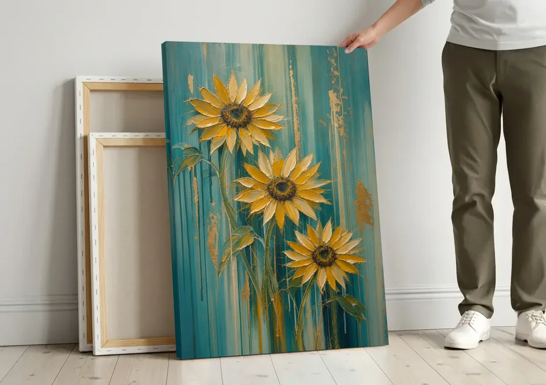 Textured Sunflower Painting in Teal and Gold canvas wall art leaning against a wall next to blank canvases