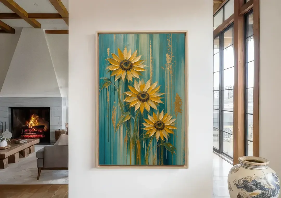 Textured Sunflower Painting in Teal and Gold canvas wall art in a living room with a fireplace