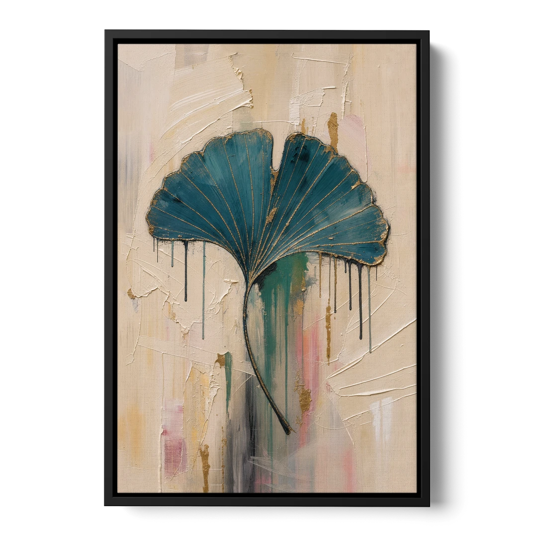 Textured Teal Ginkgo Leaf on Cream - Black Framed Canvas Wall Art - Front