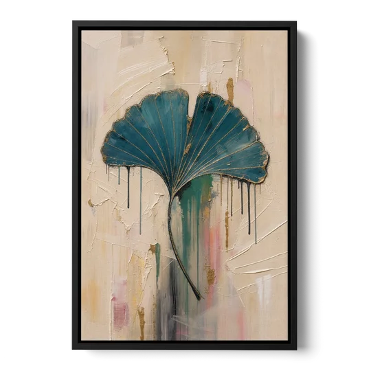Textured Teal Ginkgo Leaf on Cream - Black Framed Canvas Wall Art - Front