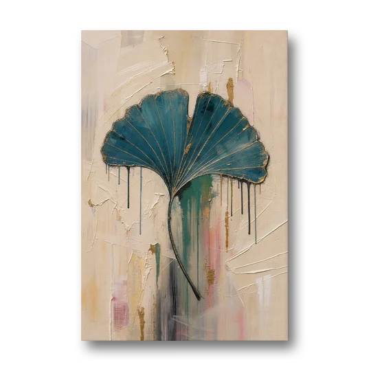 Textured Teal Ginkgo Leaf on Cream - Canvas Wall Art - Front