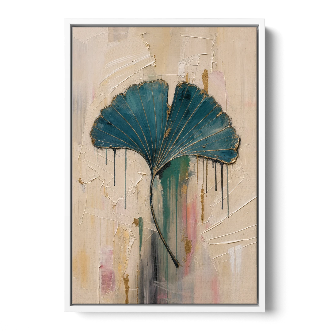 Textured Teal Ginkgo Leaf on Cream - White Framed Canvas Wall Art - Front