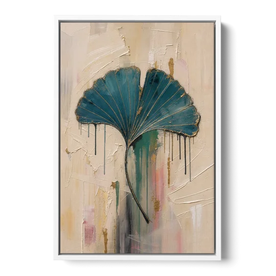 Textured Teal Ginkgo Leaf on Cream - White Framed Canvas Wall Art - Front