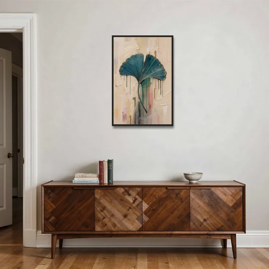 Textured Teal Ginkgo Leaf on Cream - Black Framed Canvas Wall Art - Coffee Table - 24x36