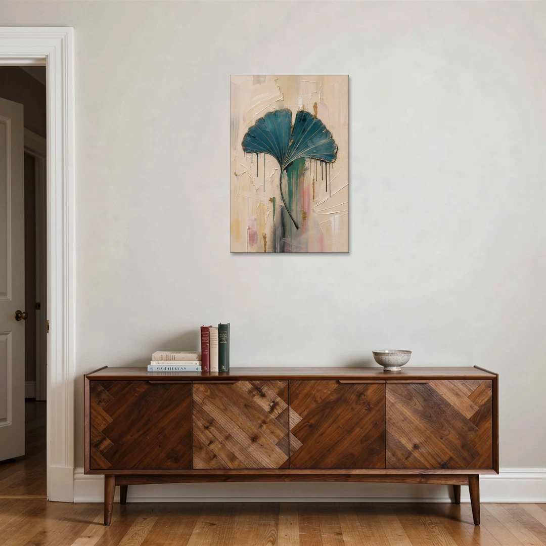 Textured Teal Ginkgo Leaf on Cream - Canvas Wall Art - Coffee Table - 24x36