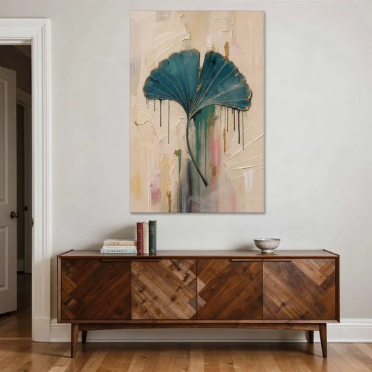 Textured Teal Ginkgo Leaf on Cream - Canvas Wall Art - Coffee Table - 40x60
