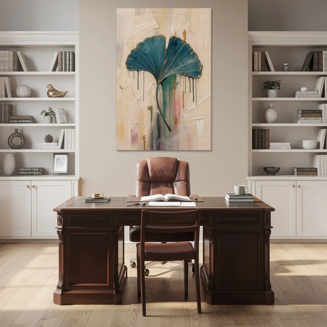 Textured Teal Ginkgo Leaf on Cream - Canvas Wall Art - Office - 40x60