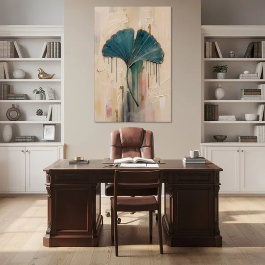 Textured Teal Ginkgo Leaf on Cream - Canvas Wall Art - Office - 40x60