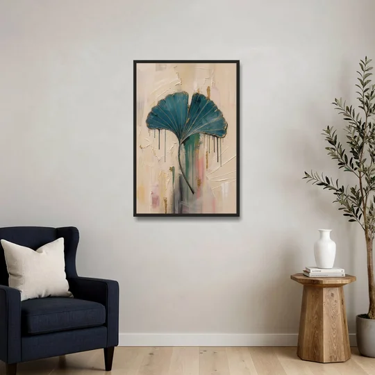 Textured Teal Ginkgo Leaf on Cream - Black Framed Canvas Wall Art - Sofa - 24x36