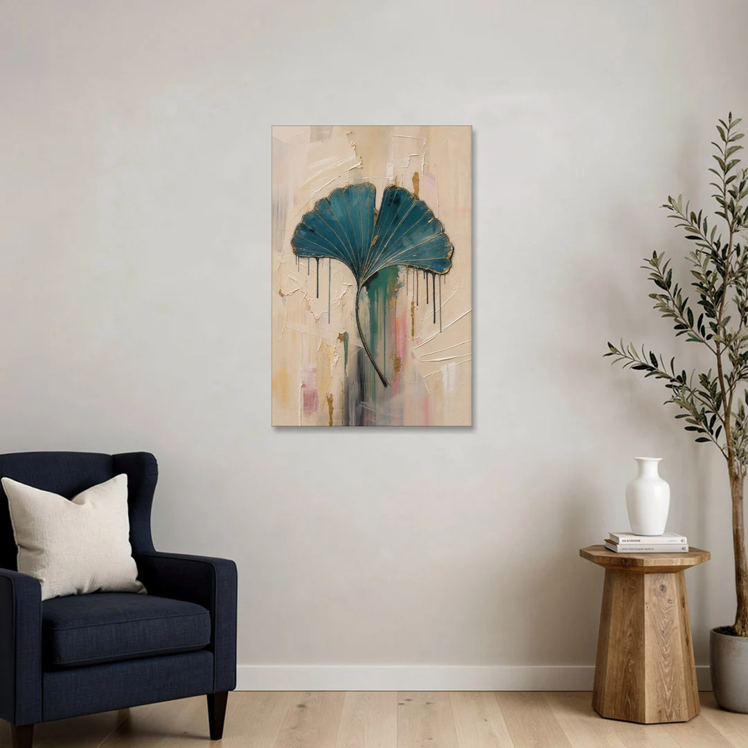 Textured Teal Ginkgo Leaf on Cream - Canvas Wall Art - Sofa - 24x36