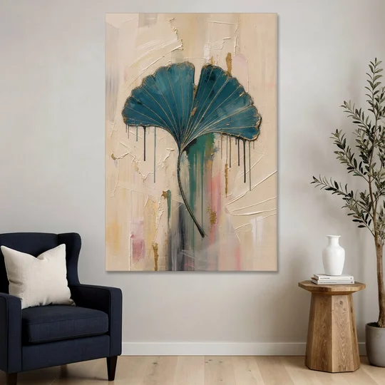 Textured Teal Ginkgo Leaf on Cream - Canvas Wall Art - Sofa - 40x60