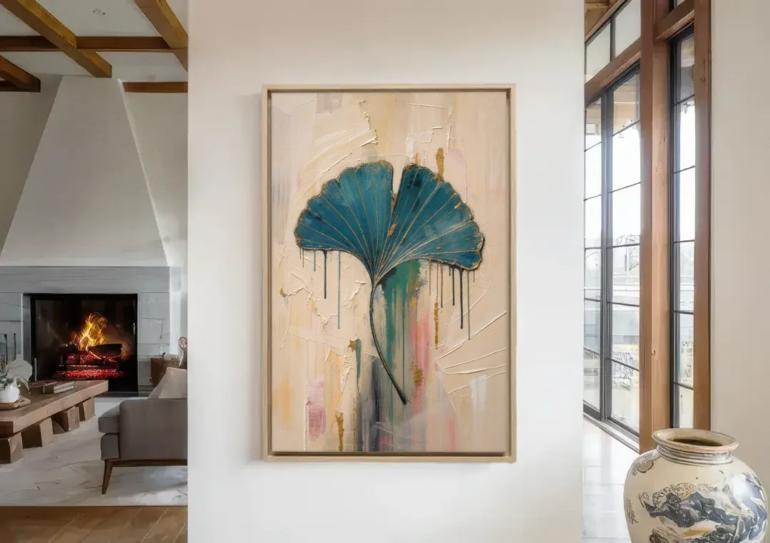 Textured Teal Ginkgo Leaf on Cream canvas wall art in a living room with a fireplace