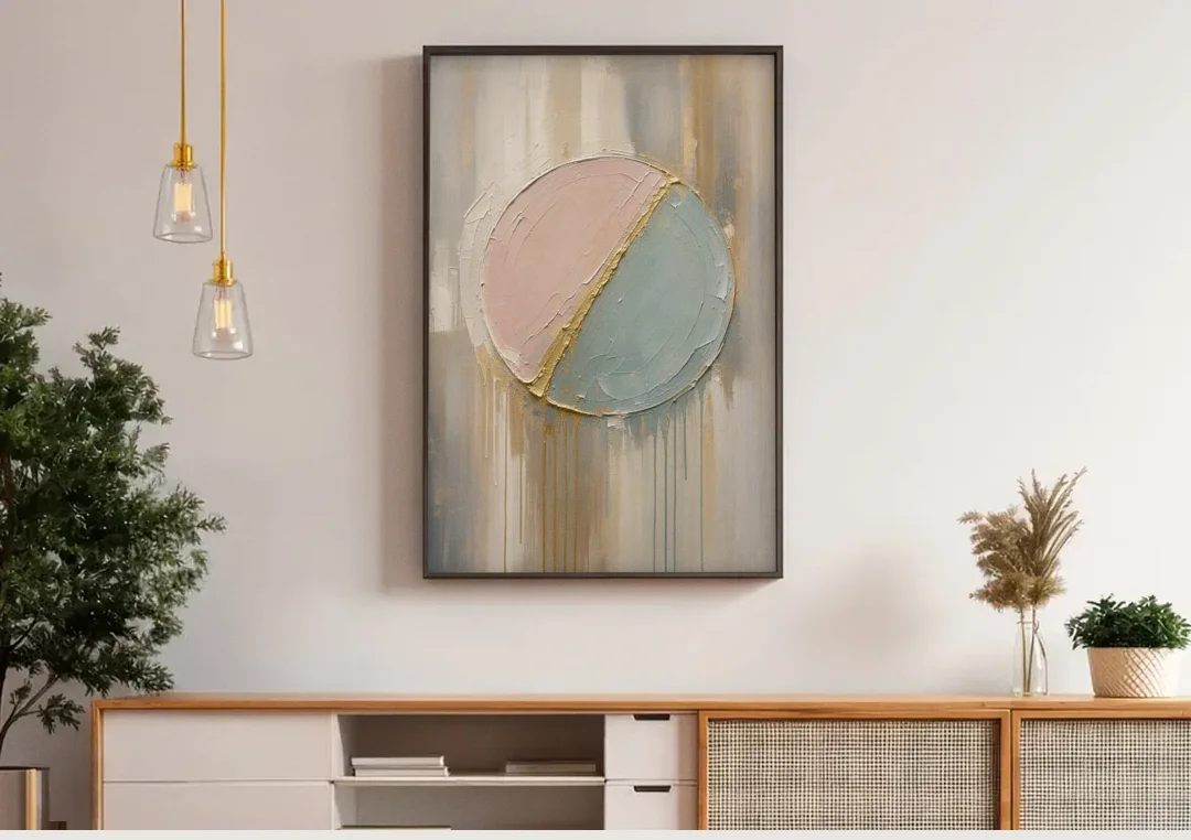 Textured Wall Art with Blush and Sea Glass Halves canvas wall art above a wooden sideboard under pendant lights
