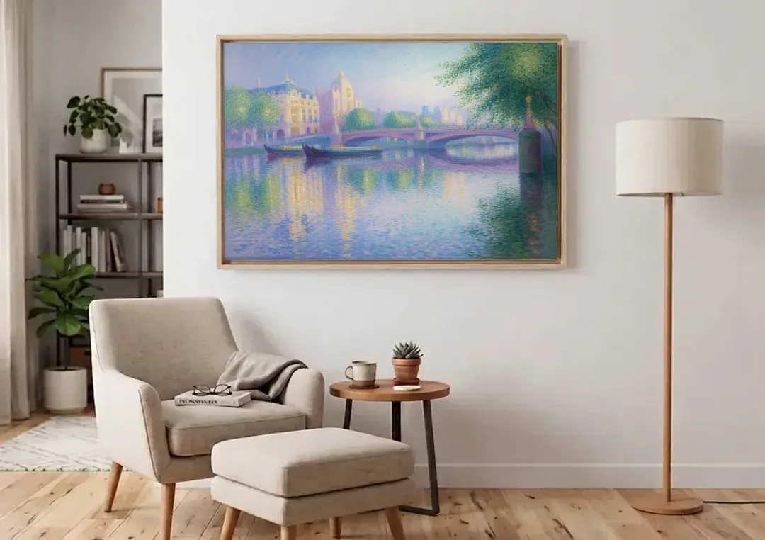 Thames Reflections canvas wall art above an armchair in a bright living room