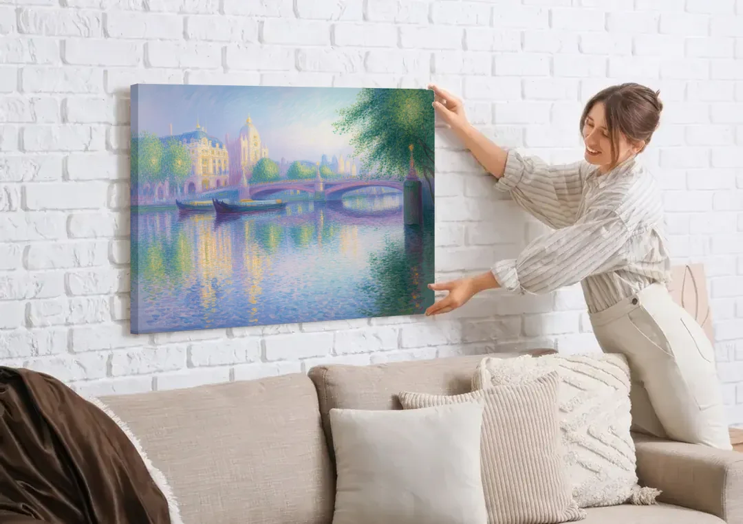 Thames Reflections canvas wall art being hung on a white brick wall above a sofa