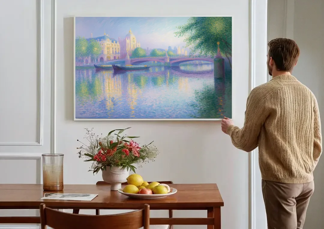 Thames Reflections canvas wall art above a dining table