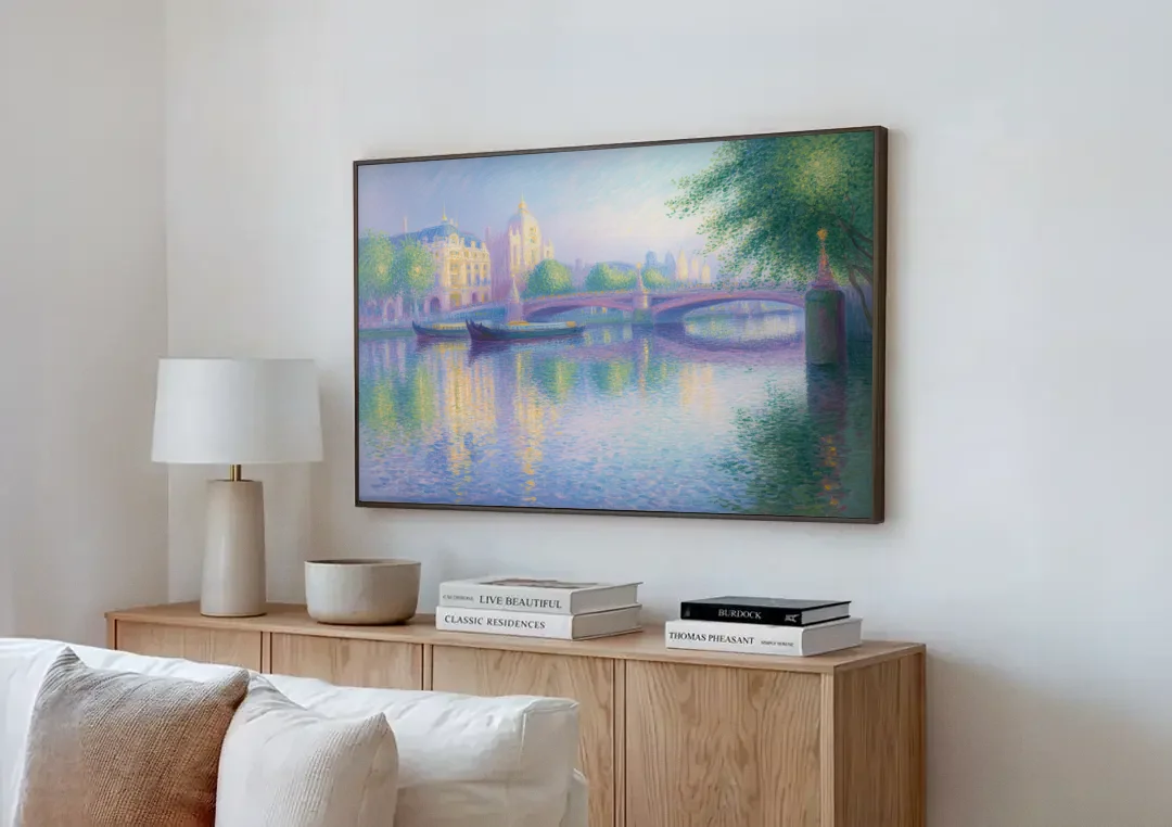 Thames Reflections canvas wall art above a wooden sideboard next to a sofa