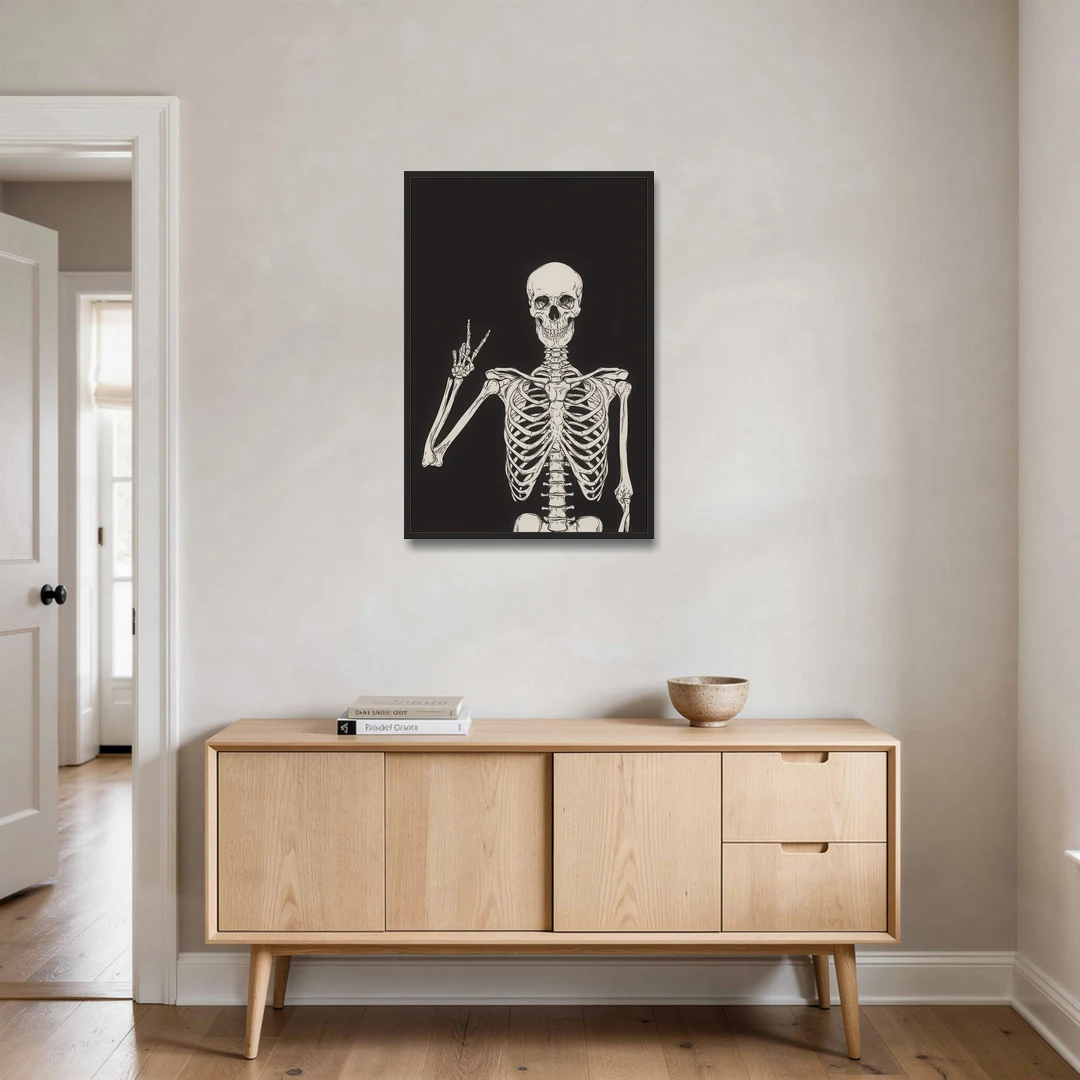 The Cool Halloween Skeleton - Black Framed Canvas Wall Art - Coffee Table - 24x36