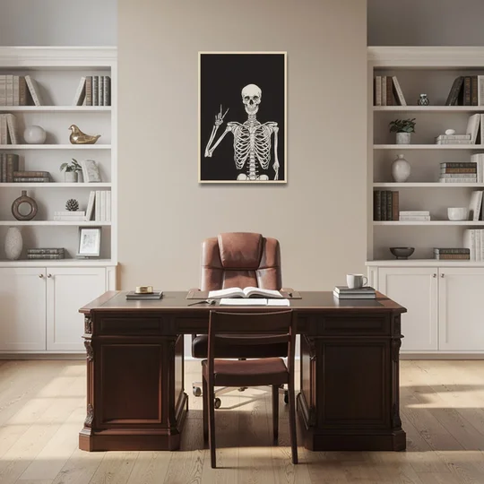 The Cool Halloween Skeleton - Oak Framed Canvas Wall Art - Office - 24x36
