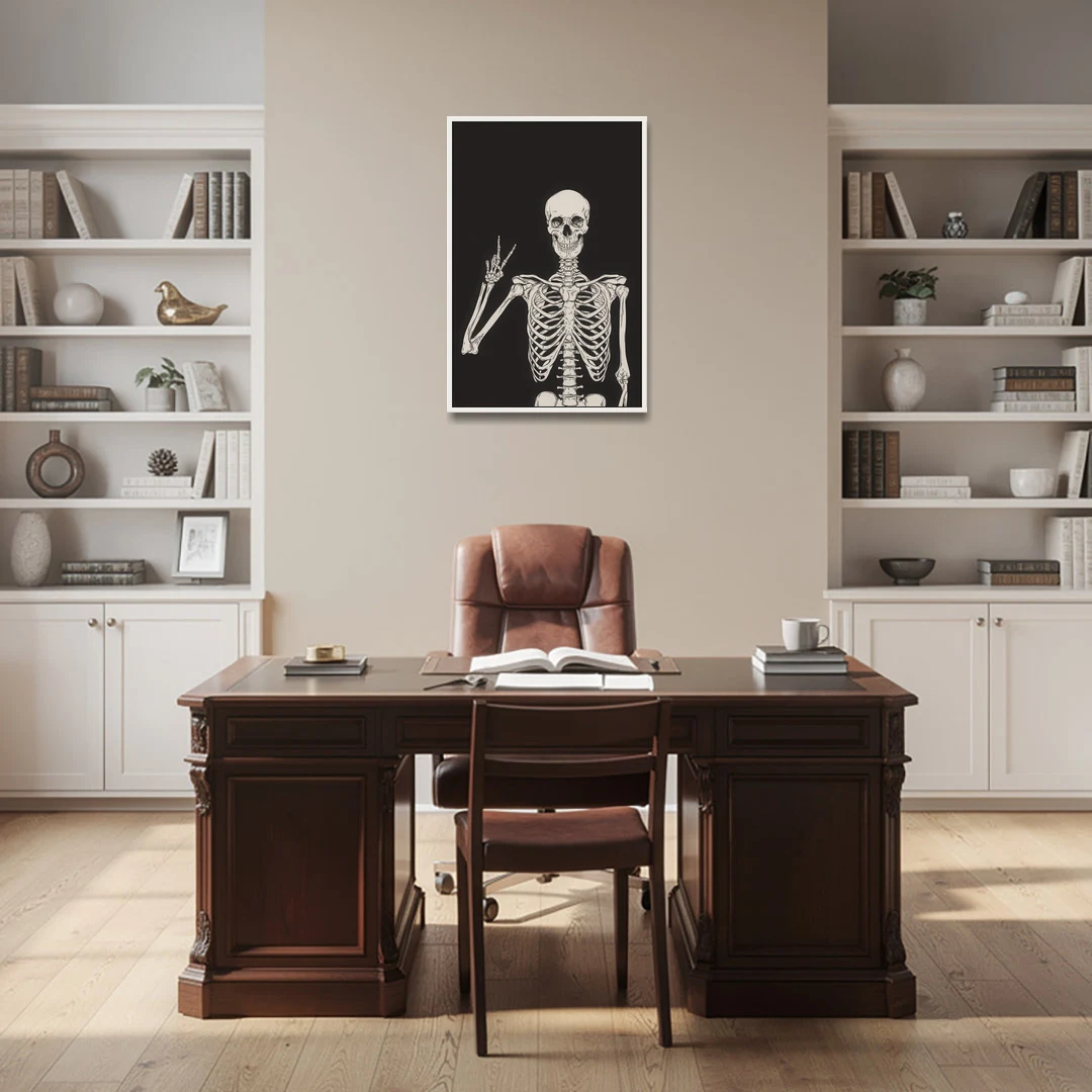 The Cool Halloween Skeleton - White Framed Canvas Wall Art - Office - 24x36
