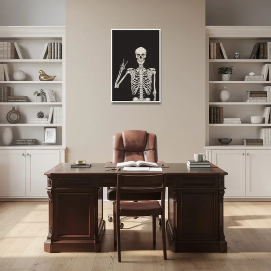 The Cool Halloween Skeleton - White Framed Canvas Wall Art - Office - 24x36