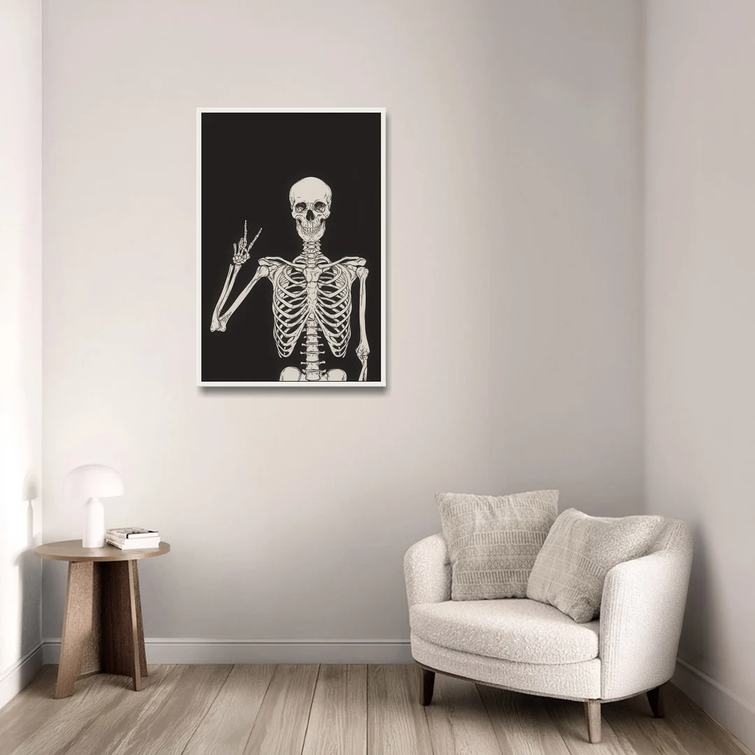 The Cool Halloween Skeleton - White Framed Canvas Wall Art - Sofa - 24x36