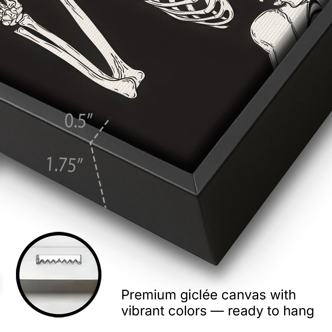 The Fun Halloween Skeleton - Black Framed Canvas Wall Art - Gallery Wrap Corner
