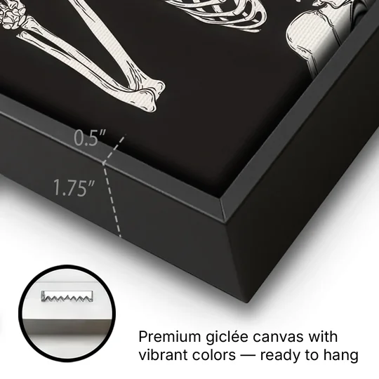 The Fun Halloween Skeleton - Black Framed Canvas Wall Art - Gallery Wrap Corner
