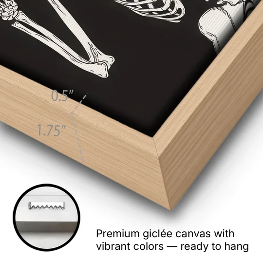 The Fun Halloween Skeleton - Oak Framed Canvas Wall Art - Gallery Wrap Corner
