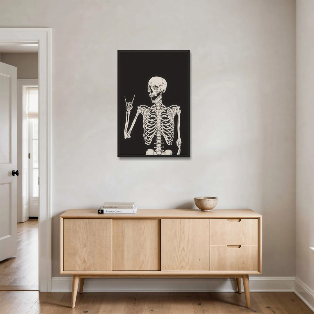 The Fun Halloween Skeleton - Black Framed Canvas Wall Art - Coffee Table - 24x36