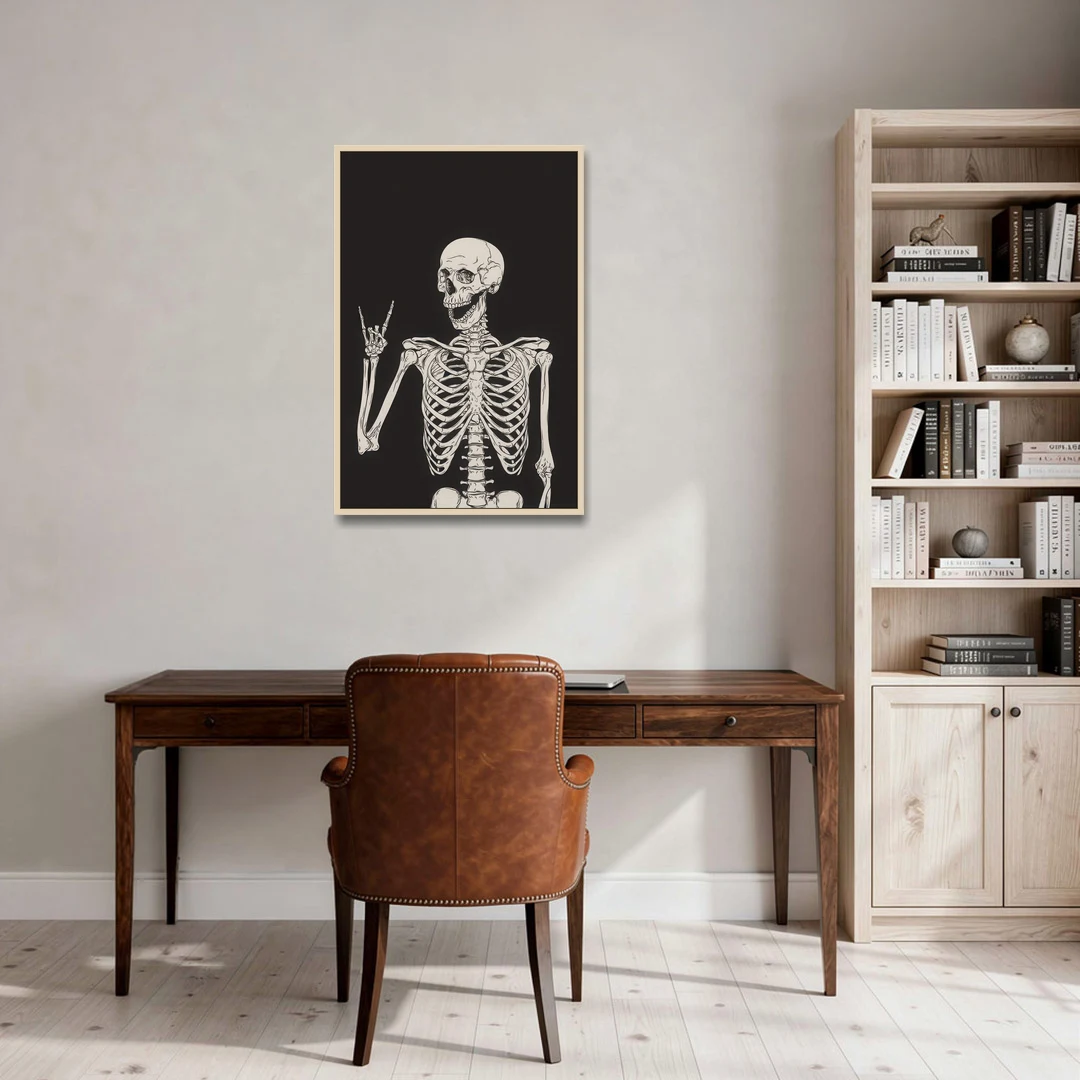 The Fun Halloween Skeleton - Oak Framed Canvas Wall Art - Office - 24x36