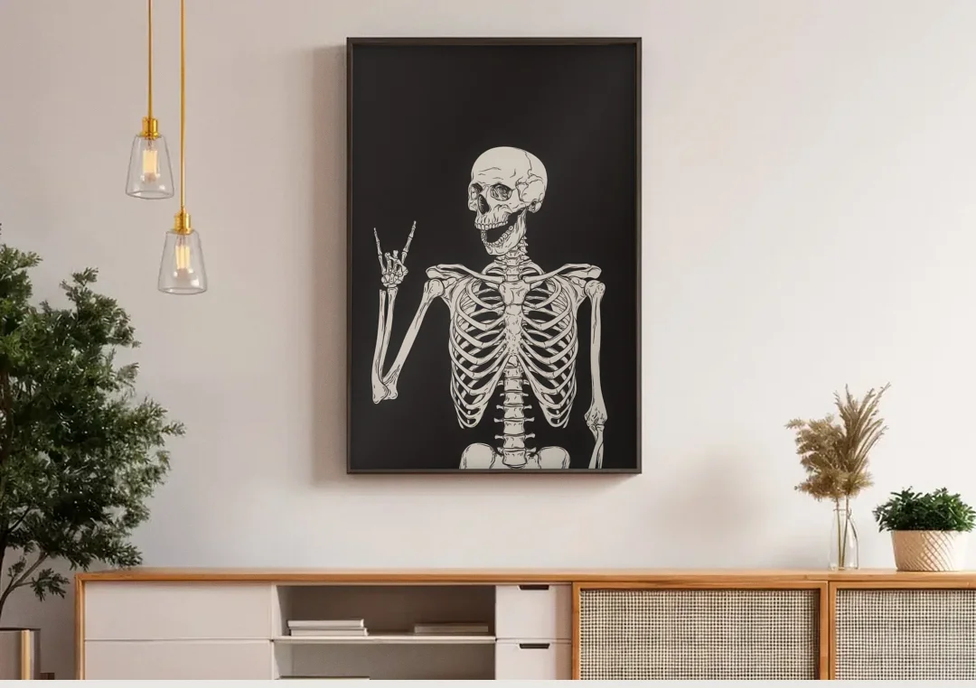 The Fun Halloween Skeleton canvas wall art above a wooden sideboard under pendant lights