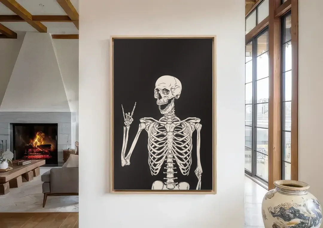 The Fun Halloween Skeleton canvas wall art in a living room with a fireplace