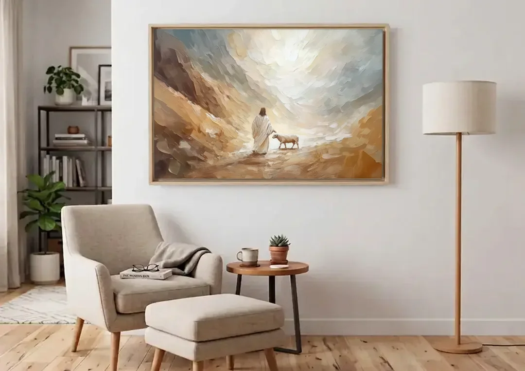 The Good Shepherd Abstract Christian canvas wall art above an armchair in a bright living room