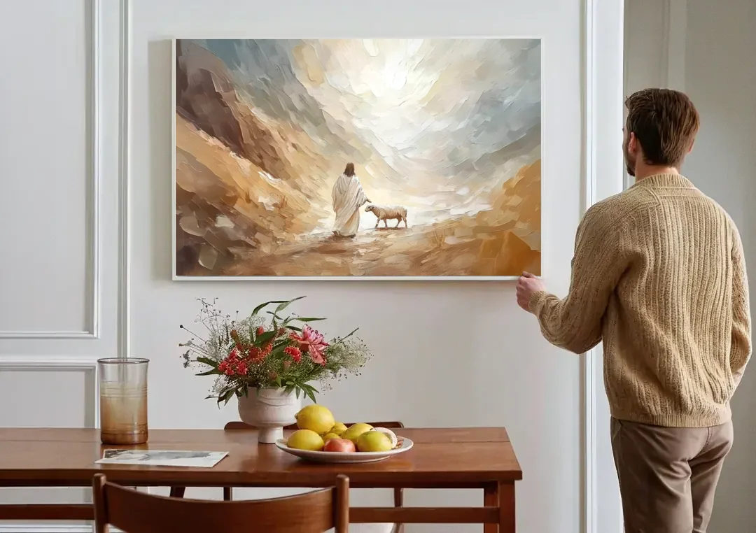 The Good Shepherd Abstract Christian canvas wall art above a dining table