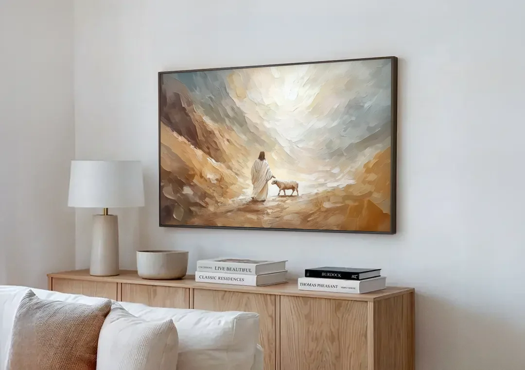The Good Shepherd Abstract Christian canvas wall art above a wooden sideboard next to a sofa