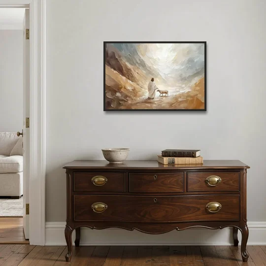 The Good Shepherd Abstract Christian - Black Framed Canvas Wall Art - Coffee Table - 36x24
