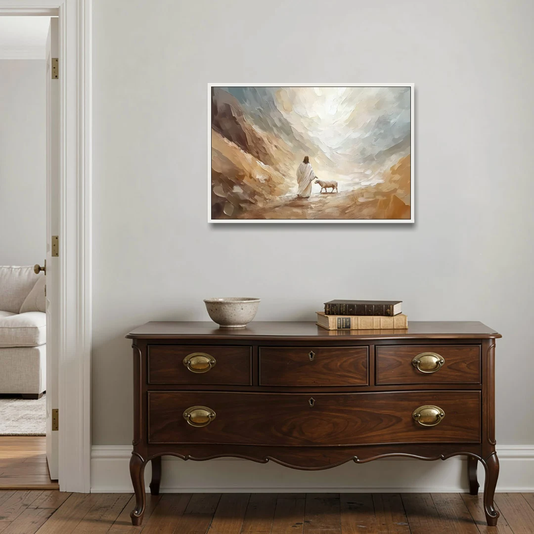 The Good Shepherd Abstract Christian - White Framed Canvas Wall Art - Coffee Table - 36x24