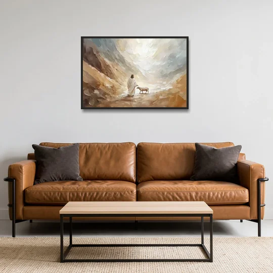 The Good Shepherd Abstract Christian - Black Framed Canvas Wall Art - Sofa - 36x24