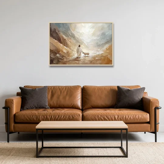 The Good Shepherd Abstract Christian - Oak Framed Canvas Wall Art - Sofa - 36x24