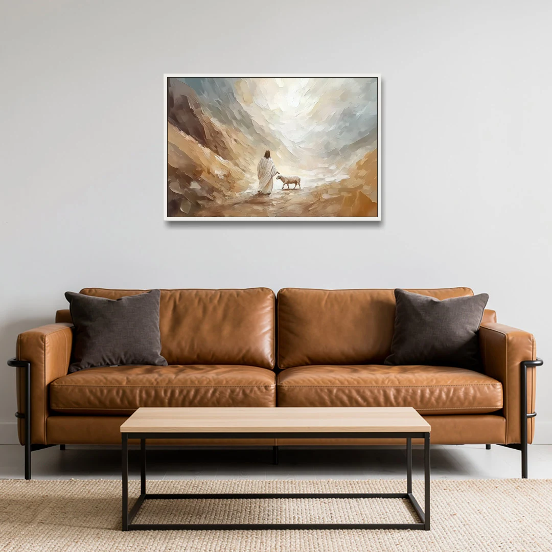 The Good Shepherd Abstract Christian - White Framed Canvas Wall Art - Sofa - 36x24