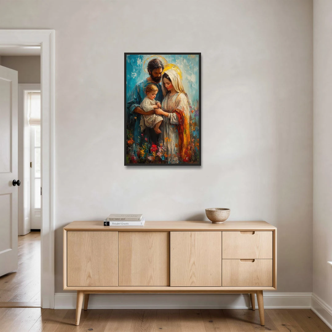 The Holy Family Christian Abstract - Black Framed Canvas Wall Art - Coffee Table - 24x36