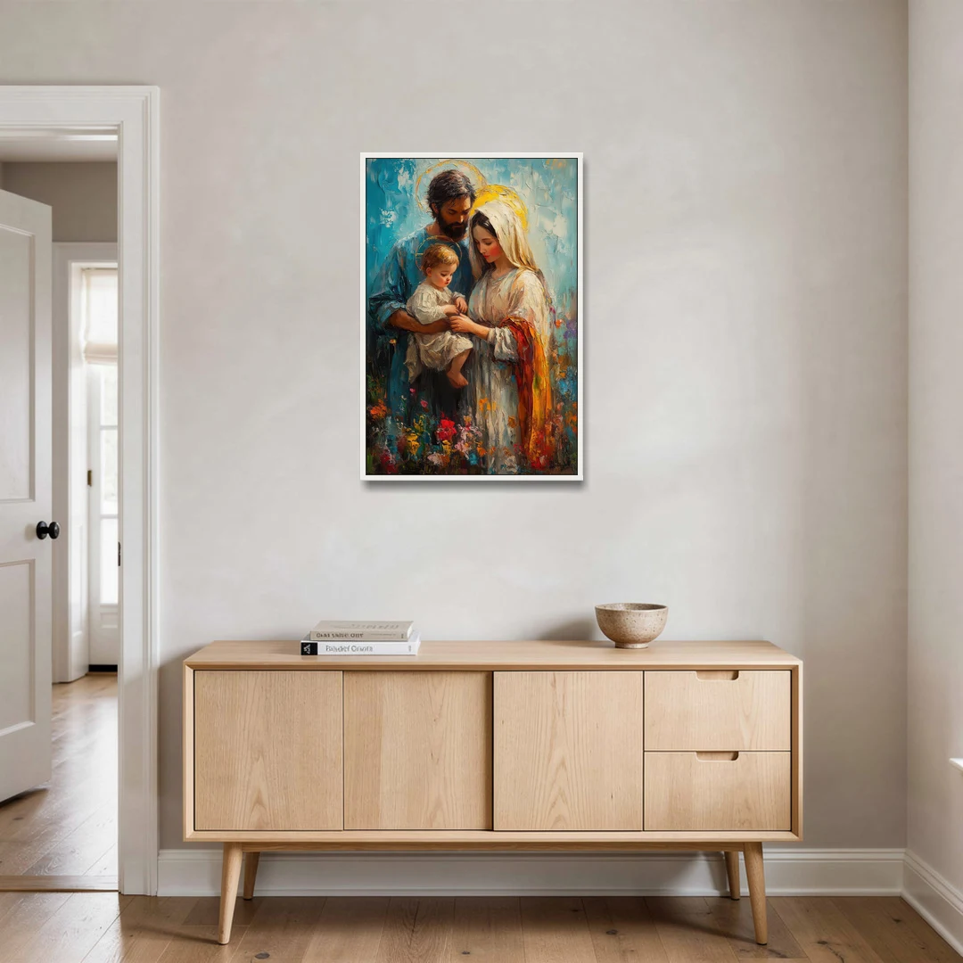 The Holy Family Christian Abstract - White Framed Canvas Wall Art - Coffee Table - 24x36