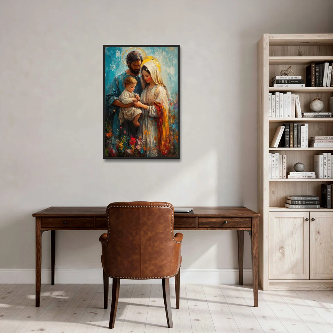 The Holy Family Christian Abstract - Black Framed Canvas Wall Art - Office - 24x36