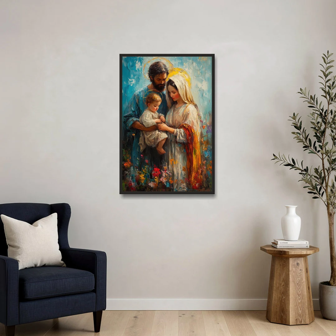The Holy Family Christian Abstract - Black Framed Canvas Wall Art - Sofa - 24x36