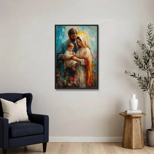 The Holy Family Christian Abstract - Black Framed Canvas Wall Art - Sofa - 24x36