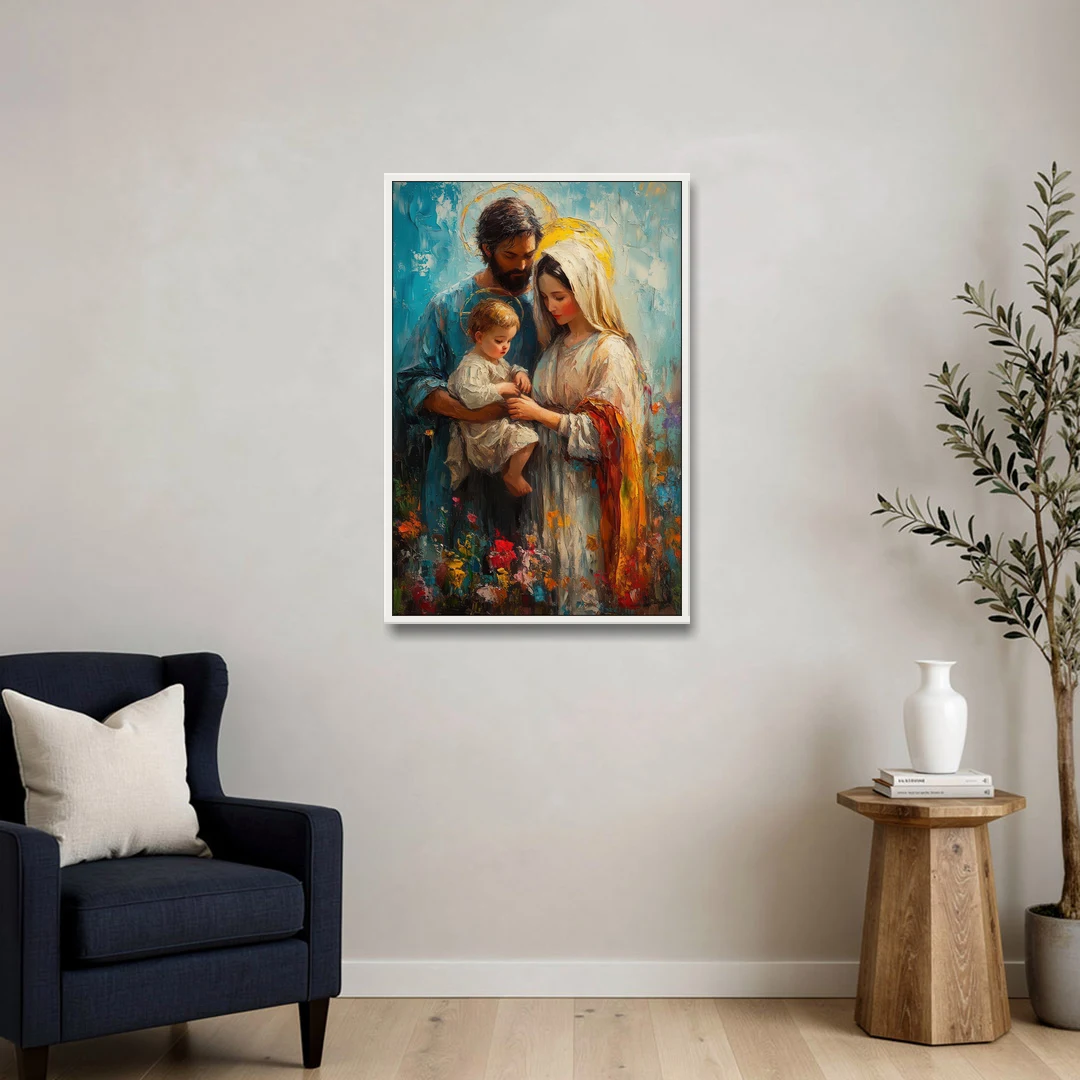 The Holy Family Christian Abstract - White Framed Canvas Wall Art - Sofa - 24x36